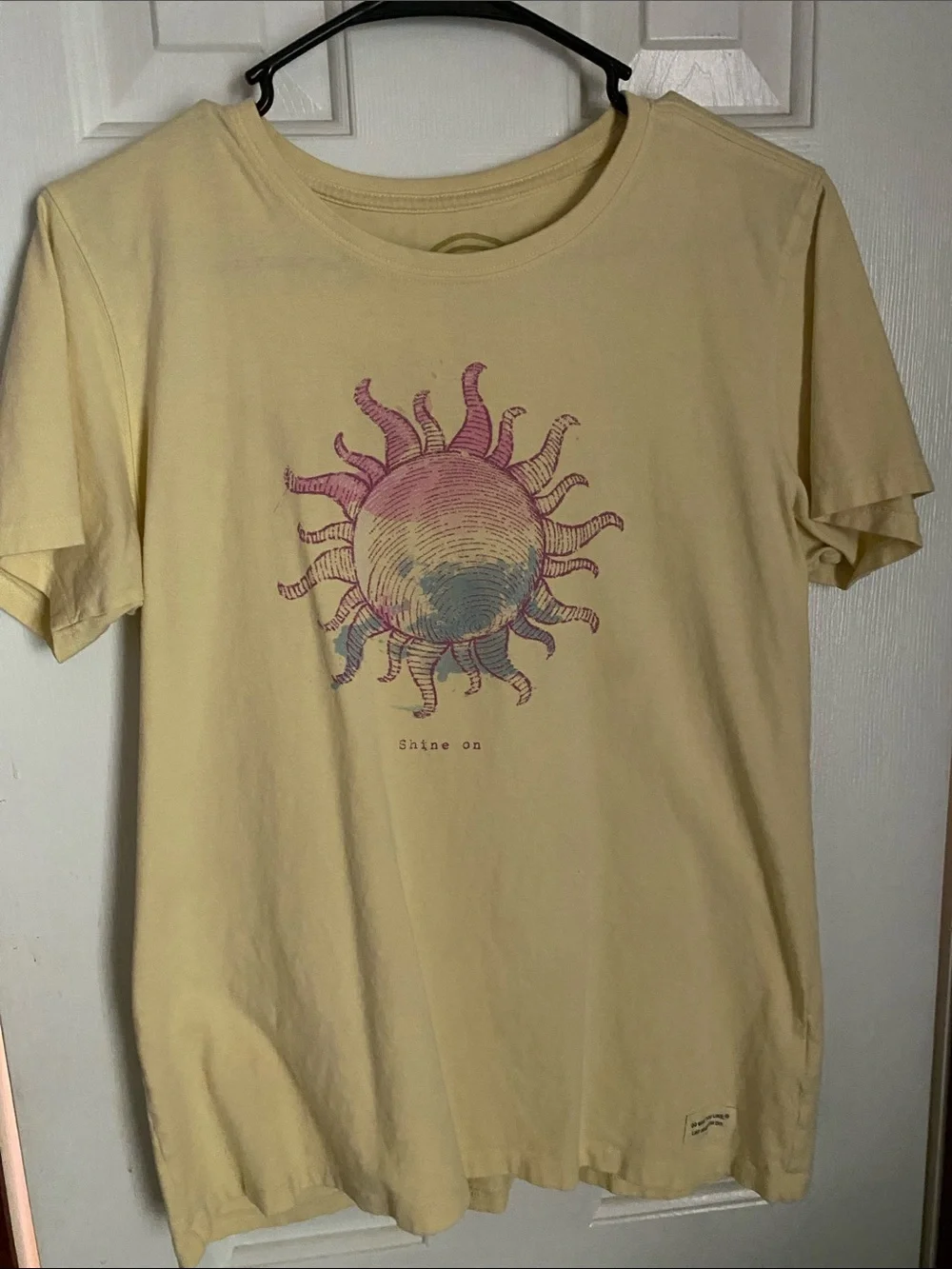 Life Is Good Pale Yellow Short Sleeve Tee with Pink and Blue Sun Graphic - Picture 1 of 5
